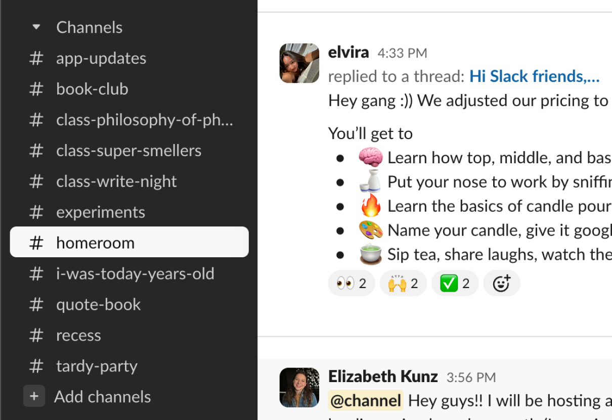 Slack workspace with branded channels